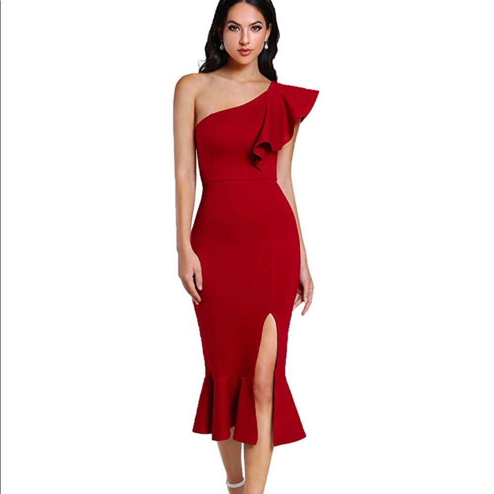 Ruffle one shoulder split midi party bodycon dress